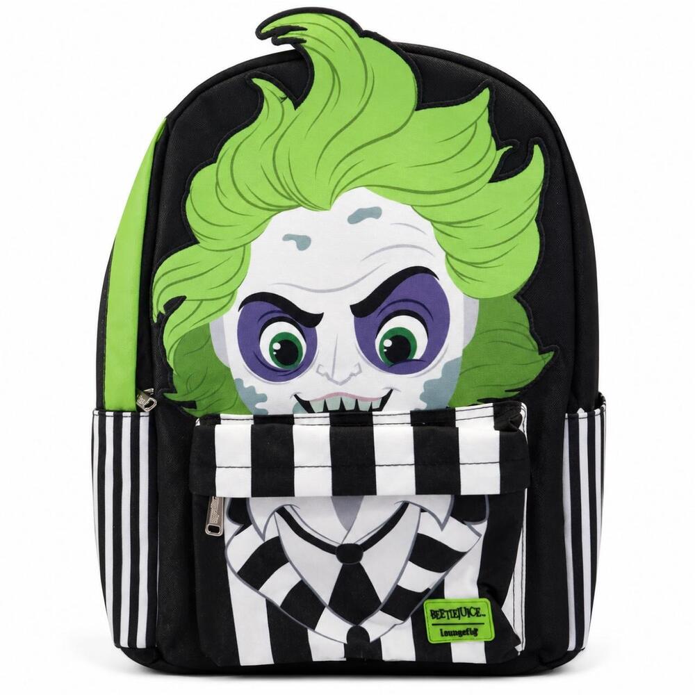 Beetlejuice Loungefly backpack with black and white striped pattern and green sp